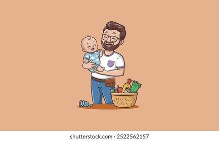 Father holding baby, both smiling, with groceries on table.