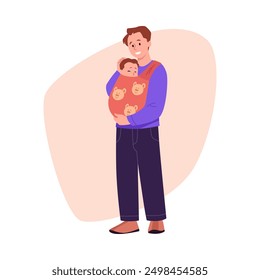 Father holding baby in a carrier. Vector illustration of a smiling dad wearing a purple shirt and dark pants, carrying a sleeping baby in a red carrier with teddy bear designs. Parenting concept.