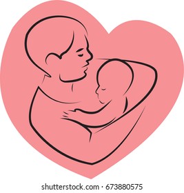 Father holding a baby with her arm in heart shaped silhouette, happy father's day celebration. Vector illustration