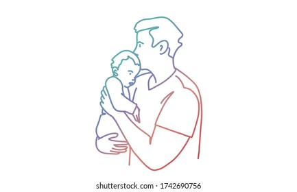 Father holding baby in his arms. Tenderness. Rainbow colors in linear vector illustration.