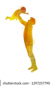 Father holding baby silhouette plus abstract watercolor painted. Happy father's day. Digital art painting