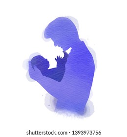 Father holding baby silhouette plus abstract watercolor painted  Happy father's day  Digital art painting  Vector illustration