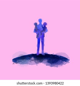 Father holding baby silhouette plus abstract watercolor painted. Happy father's day. Digital art painting. Vector illustration