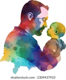 Father holding baby silhouette in watercolor style