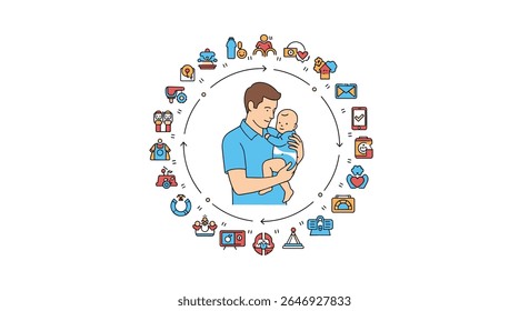 Father Holding a Baby Surrounded by Icons Representing Life Stages and Family Memories
