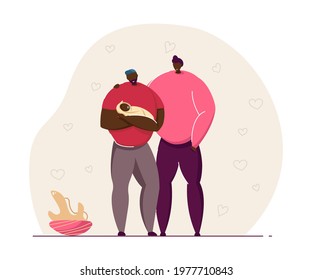 Father holding baby vector illustration. Young gay parents adoring child. Swaddled newborn boy or girl. LGBT family concept for website design.