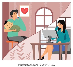 A father holding a baby and a woman working remotely, symbolizing family, work balance, and connection through technology. Flat vector modern illustration 