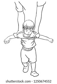 The father is holding both arms to teach his son to walk.