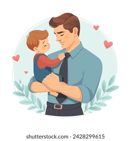 Father holding child, baby boy. Vector cartoon flat style illustration. Father's day concept.