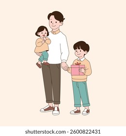 A father holding a child and a son holding a gift. minimal line art vector illustration.
