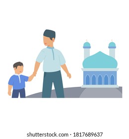 Father holding child's hand go to mosque worship prayer white isolated background with flat color style