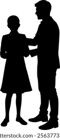 Father holding daughter encouragingly. Black silhouette on white background. Vector drawing.