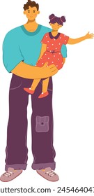 Father holding daughter, man smiling girl, child waving, happy family moment, casual attire, parentchild bonding, cheerful expressions, colorful outfits, standing pose, white background. Young girl
