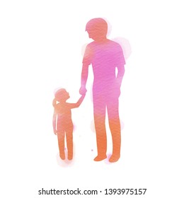Father holding daughter silhouette plus abstract watercolor painted. Happy father's day. Digital art painting. Vector illustration
