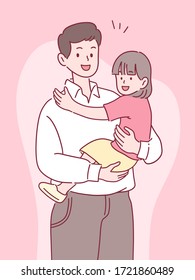 father holding daughter with a smile, happy spending time together, father's day concept, hand-drawn style vector illustration.