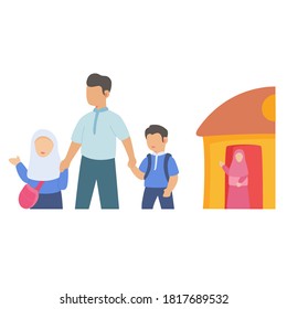 Father holding daughter son hands go to school white isolated background with flat color style