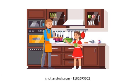 Father holding fresh muffins on tray and offering them to daughter in kitchen. Furniture, appliances and utensils. Family cooking in home kitchen interior. Flat style vector illustration isolated