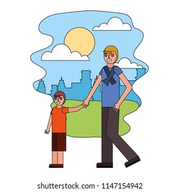 father holding hand her son walking together in the park city