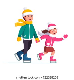 Father holding the hand of his daughter and teaching skate on ice rink. Winter entertainment of happy boy and girl ice-skating together. Family holiday fun. Flat vector illustration isolated on white.