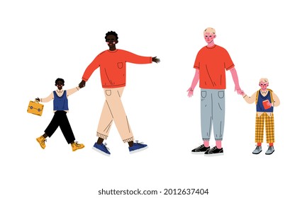 Father Holding Hand of His Son Bringing Him to School in the Morning Vector Set