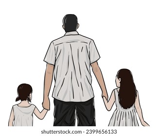 Father is holding hands with his two adorable daughters. Single dad with daughters or family man concept vector eps.