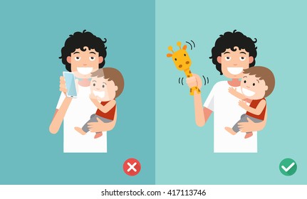 Father holding her son,Wrong and right ways playing with kids. Smartphone may affect social and emotional development. vector illustration.
