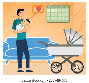 A father holding his baby in a living room with furniture and a baby stroller, showing familial love, bonding, care, and warmth. Flat vector modern illustration  