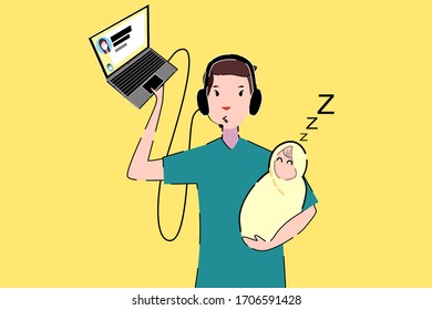 The father is holding his baby while he is in remote working from home.