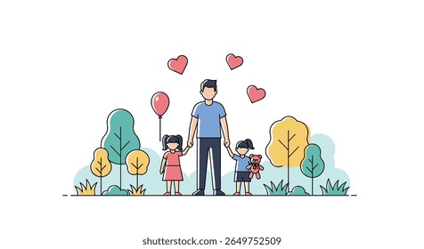 A father holding his children's hands surrounded by love hearts and trees in a park scene