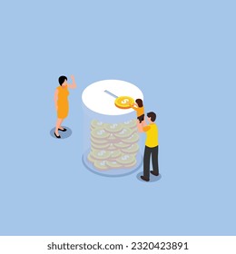 Father holding his daughter to let her golden coin falling in glass jar isometric 3d vector illustration concept for banner, website, illustration, landing page, flyer, etc