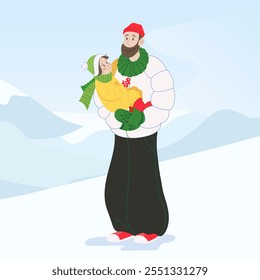 A father holding his daughter in the mountains, creating a beautiful holiday picture that would make for a perfect postcard or poster. Minimalistic design that is in a modern flat style.