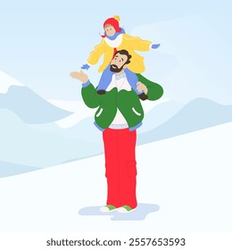 A father is holding his daughter on his shoulders, against the backdrop of snow-covered mountains. The joyful family are smiling and having a great time together, surrounded by bright light colors