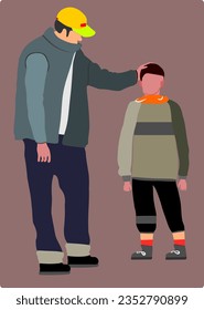 father holding his hand on son's head being supportive