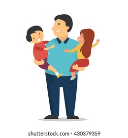 Father holding his kids, daughter and son, in his arms. Vector illustration concept in happy father's day. 