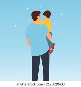 Father  holding  his son in his arms. Happy father's day backside view isolated vector illustration. 