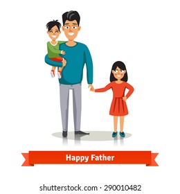 Father holding his son in arms and holding her daughter's hand. Happy family flat style vector illustration.