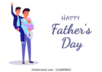 Father holding his son and daughter. Modern flat vector, made in blue pink and violet colors.  
A poster on a white background with congratulations on Father's Day.