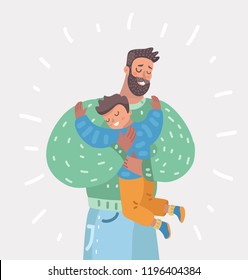 Father holding his son at the hands and smile together. Dad hugging his boy child. Parenthood. Happy family. Vector cartoon illustration of in modern concept