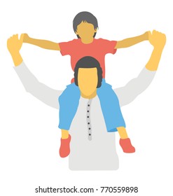 
A father holding his son on shoulders. Flat icon 
