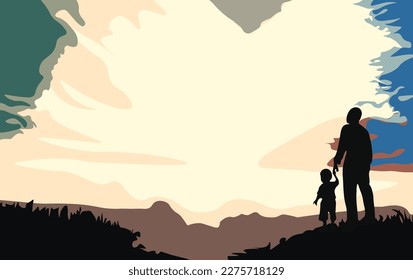 A father holding his son's hand looks silhouetted while looking at the sunrise from a hill. Illustration and concet about child autism