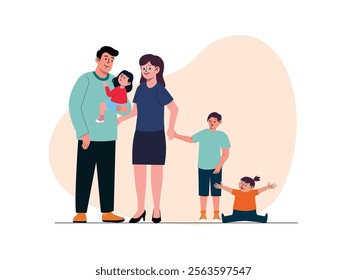 The father is holding his third daughter, while the mother is holding the first son, the second daughter is sitting next to her brother.
design, vector, illustration