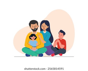 father is holding his toddler daughter, his wife is sitting next to him, his first son is also sitting next to his mother.
design, vector, illustration