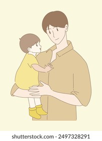 Father holding little son. Young man hugging child, carrying baby. Toddler embracing dad, looking with love. Hand drawn flat cartoon character vector illustration.