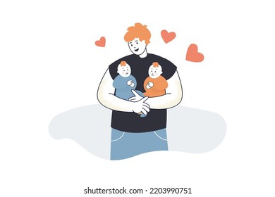 Father holding newborn babies in hands flat vector illustration. Dad taking care of little children. Family, love, care, paternity leave concept for banner, website design or landing web page