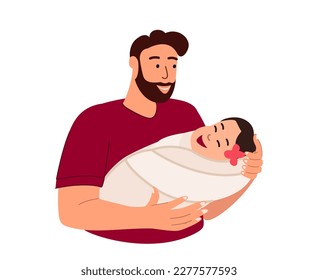 Father holding newborn baby.Man dad with swaddled infant in arms.Cute sleeping child in hands of daddy.Happy fatherhood,decree,Parenting concept.Flat vector illustration isolated on white background