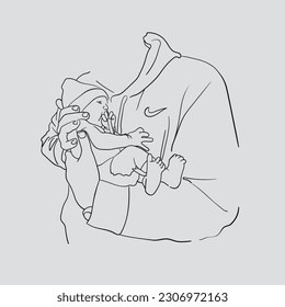 Father holding a newborn baby in his arms, newborn outline, father's day, vector line-art illustration on a gray background