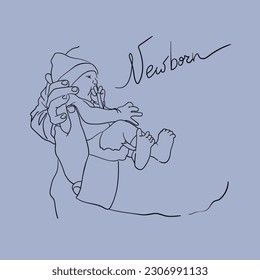 Father holding a newborn baby in his arms, father's day, vector line-art illustration on a blue background