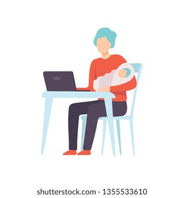 Father Holding Newborn Baby on His Hands and Working on Laptop Computer, Parent Taking Care of His Child Vector Illustration