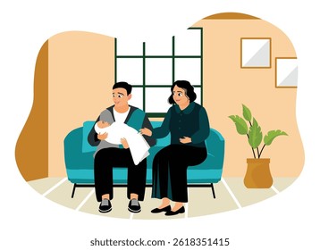 A father holding a newborn baby. Sitting with his wife in the living room. Flat vector illustration.