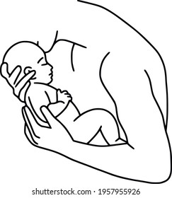 Father holding newborn vector line art. Family silhouette. Happy Father's day card. Man with her baby clipart. Dad and baby illustration.